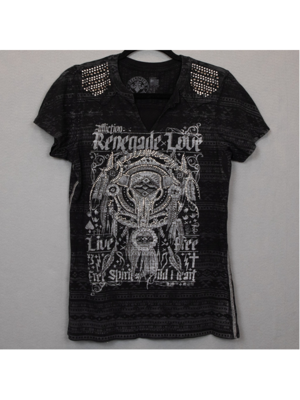 Affliction "Renegade Love" black studded v-neck shirt-L